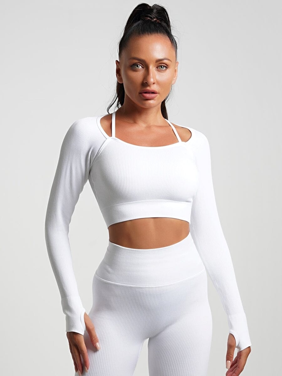 Crop Top Plissé Manches Longues Sport Crop Top Helanke-Srbija.com sa Blanc 