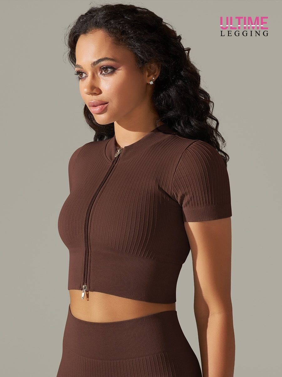 T-Shirt Sport Zippé Manches Courtes - Ultime-Legging T-Shirt Helanke-Srbija.com sa Marron 