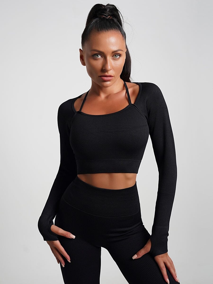 Crop Top Plissé Manches Longues Sport Crop Top Ultime Legging S Noir