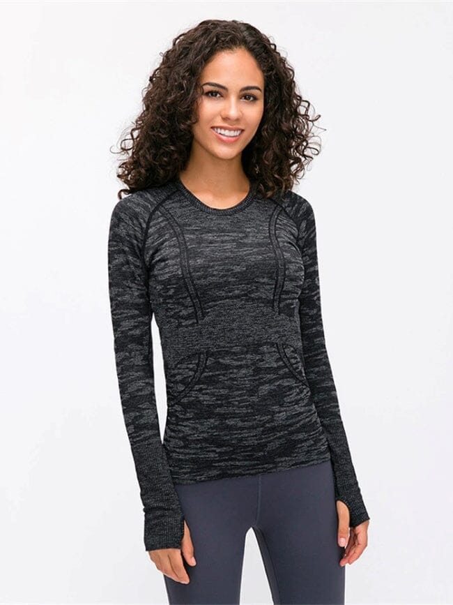 Tee-Shirt Manches Sport Longues Trou de Pouce T-Shirt Ultime Legging : Legging Femme | Vêtements de Sport XS Noir chiné